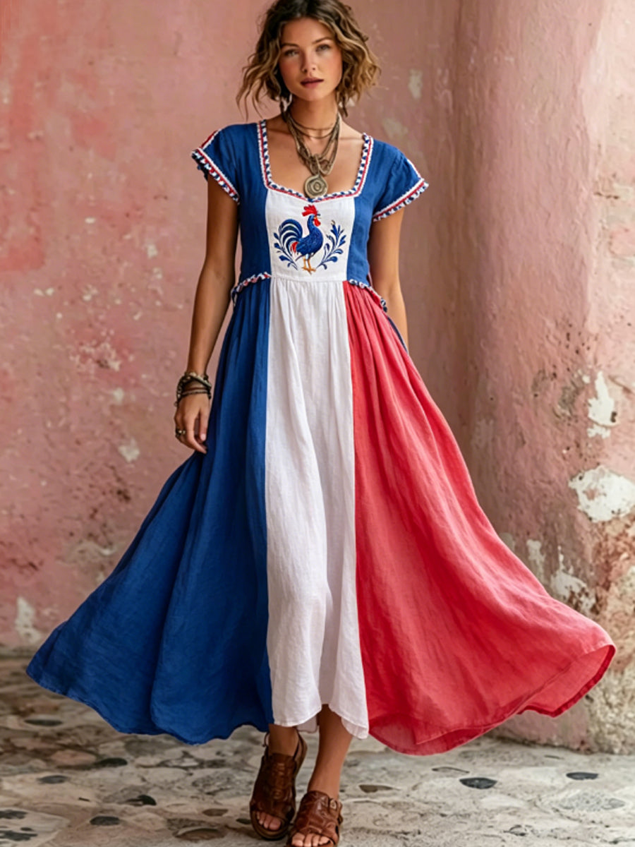 Robe Maxi Femme Drapeau français et broderie coq gaulois sur coton et lin