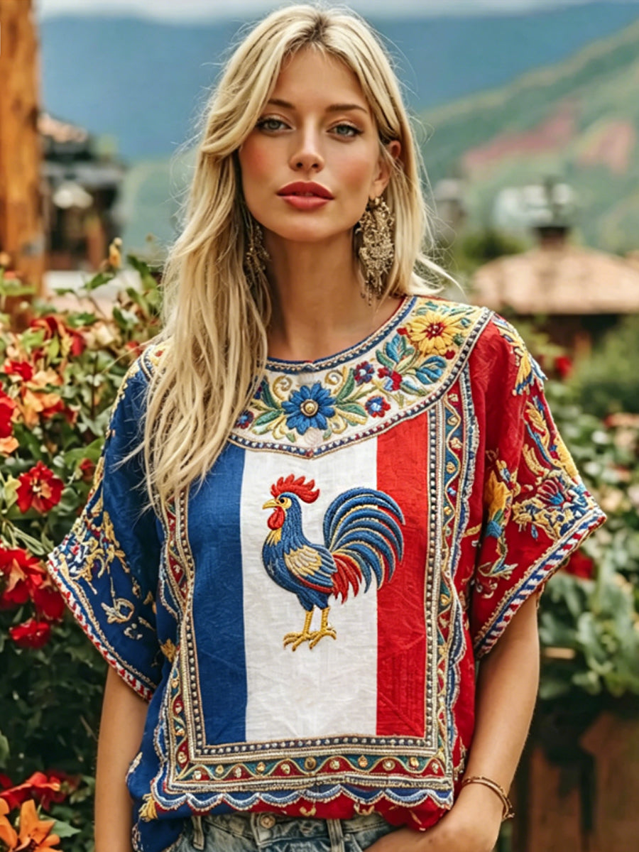 Tee-shirt femme drapeau français et broderie coq gaulois sur coton et lin