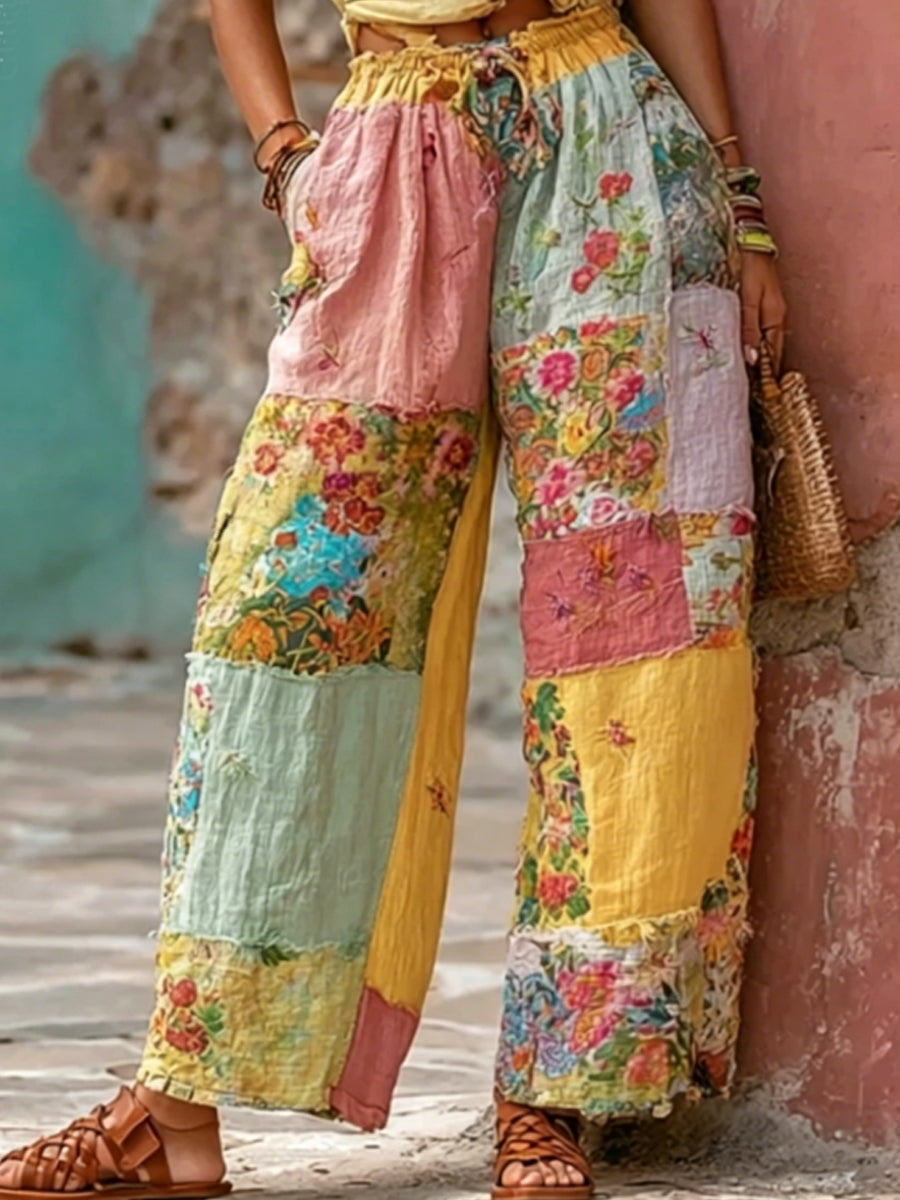 Pantalon décontracté pour femme, style bohème, en mélange de lin, avec broderie florale et contraste de couleurs