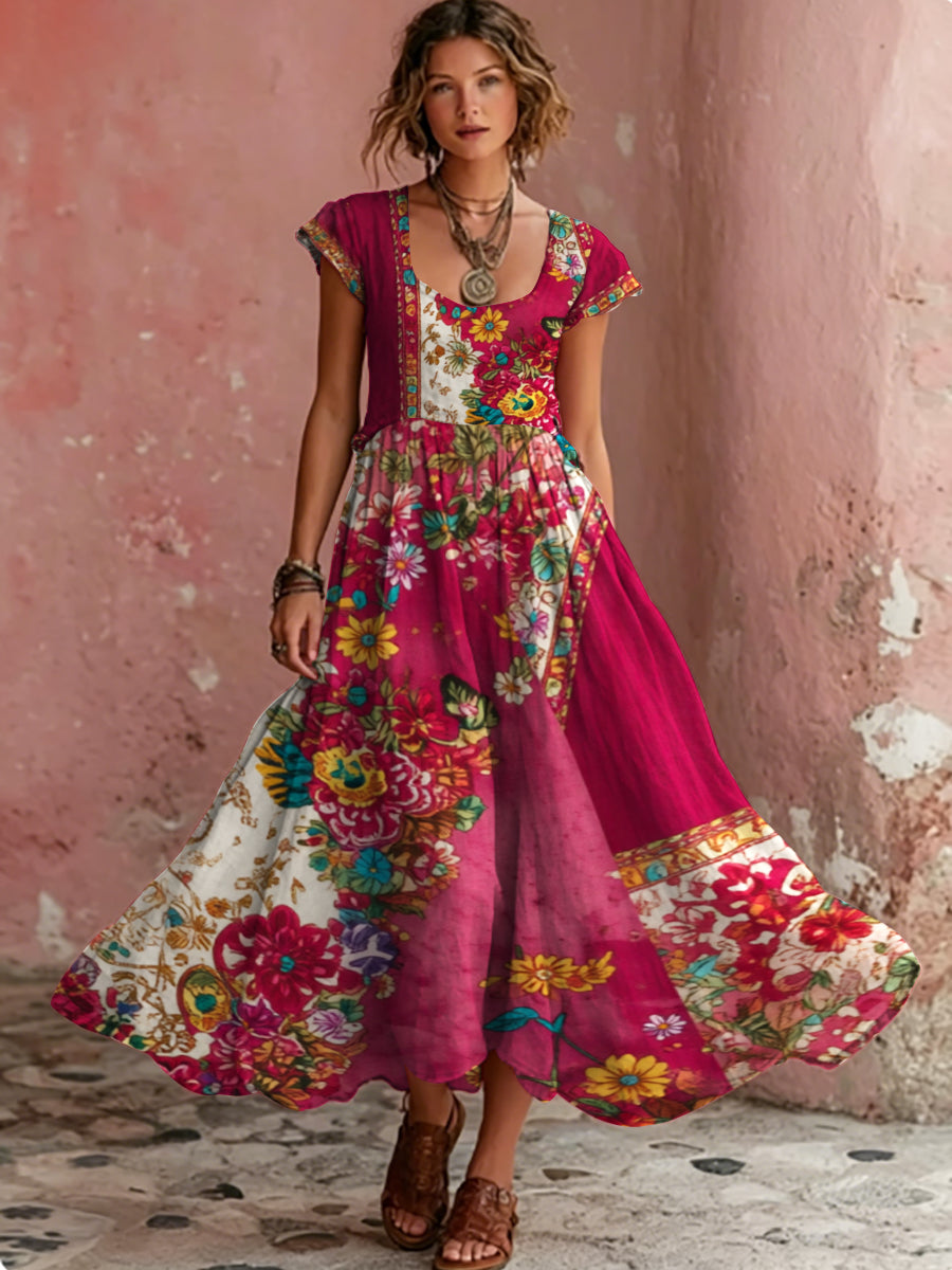 Robe mi-longue bohème pour femme, à col rond, manches courtes, avec broderie florale artistique
