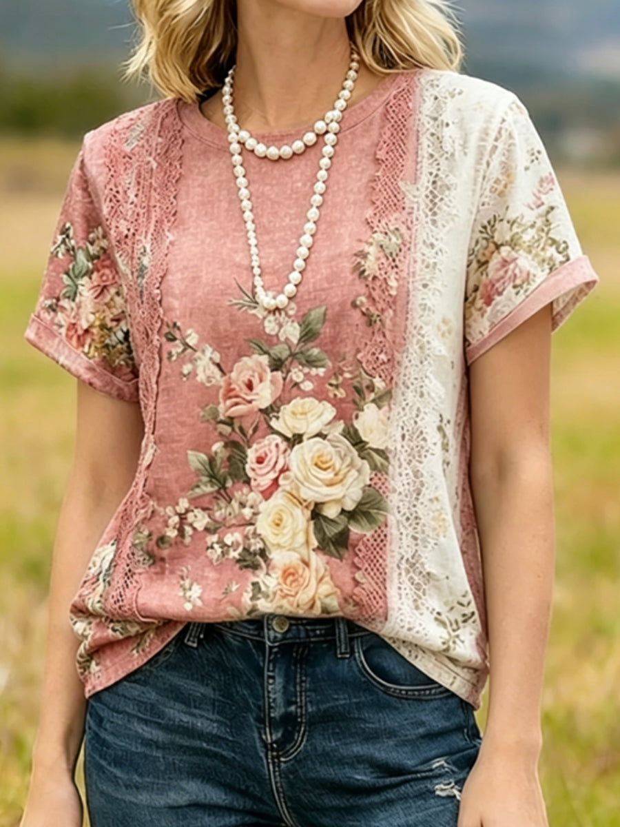 T-shirt femme à manches courtes en lin imprimé floral en dentelle Patch