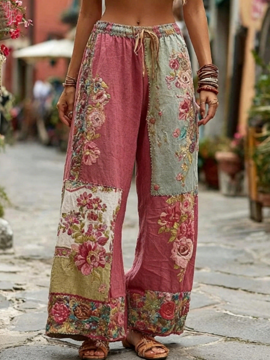 Pantalon décontracté pour femme, style bohème, en mélange de lin, avec broderie florale et contraste de couleurs