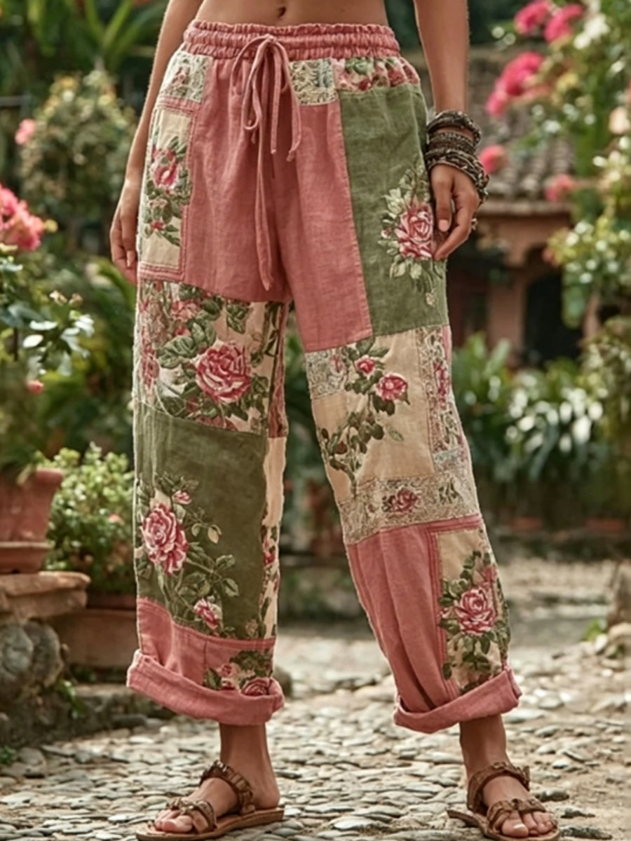 Pantalon décontracté pour femme, style bohème, en mélange de lin, avec broderie florale et contraste de couleurs