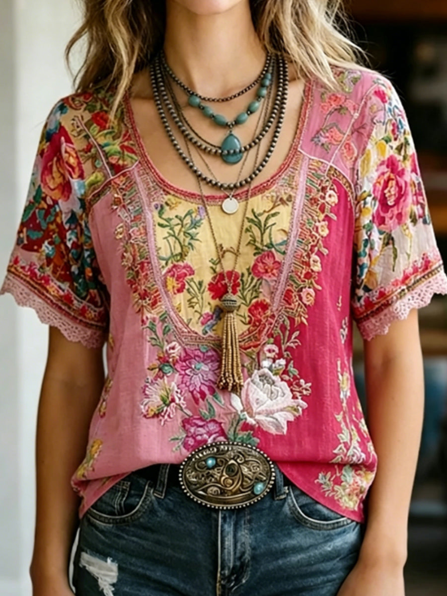 Tee-shirt femme manches courtes en lin rétro brodé de fleurs
