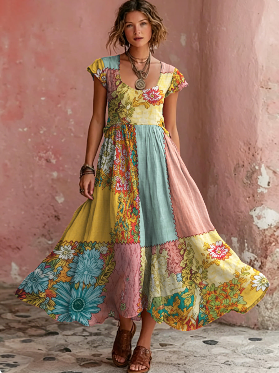 Robe mi-longue bohème pour femme, à col rond, manches courtes, avec broderie florale artistique
