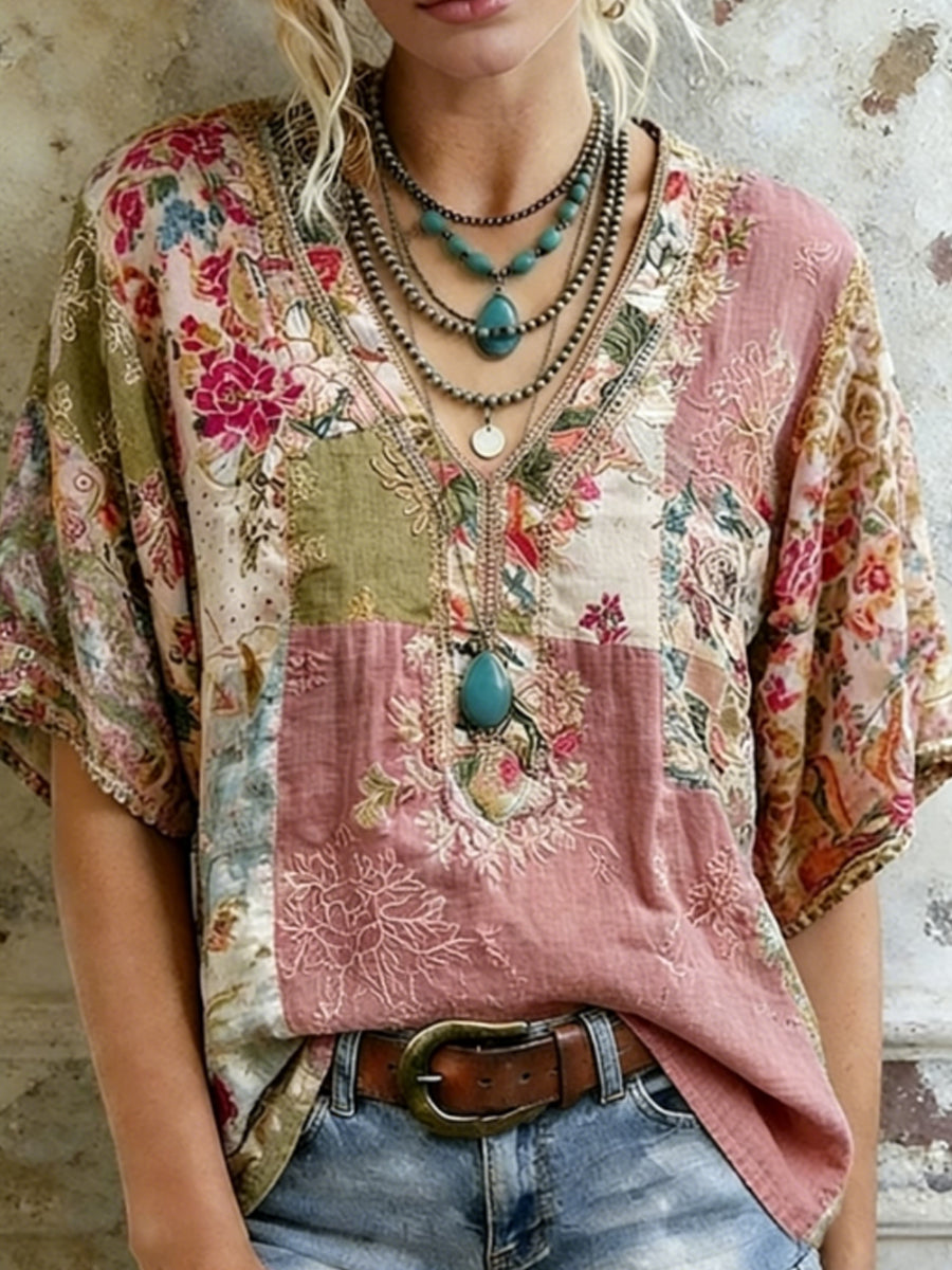 Rétro Floral brodé col V manches courtes lin T-shirt femme