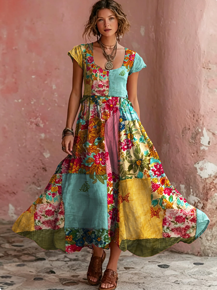 Robe mi-longue bohème pour femme, à col rond, manches courtes, avec broderie florale artistique