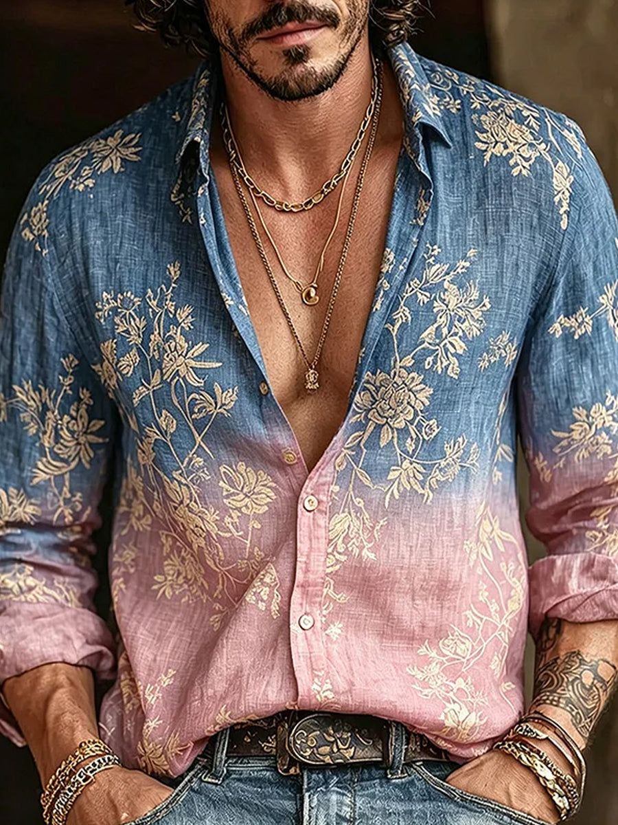 Chemise décontractée en coton-lin avec impression artistique brodée style rétro
