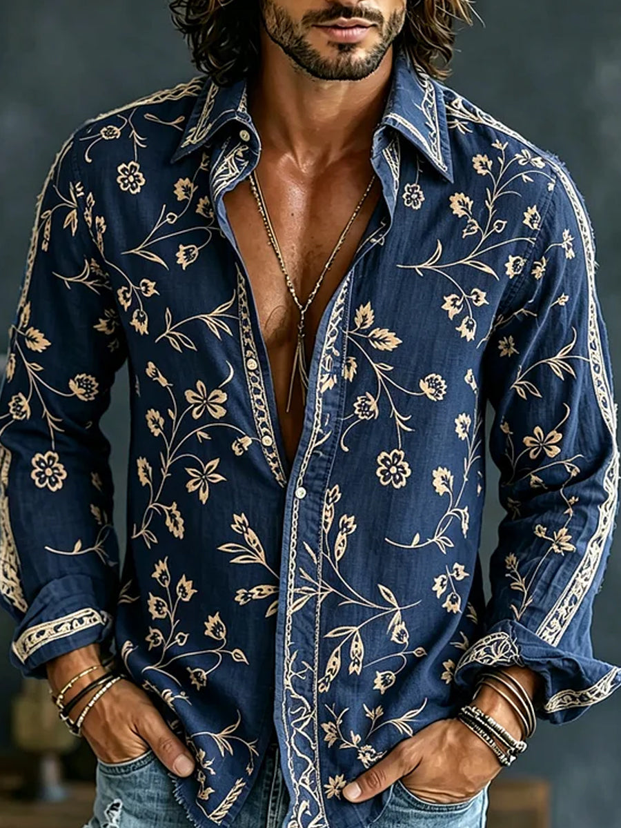Chemise décontractée en coton-lin avec impression artistique brodée style rétro