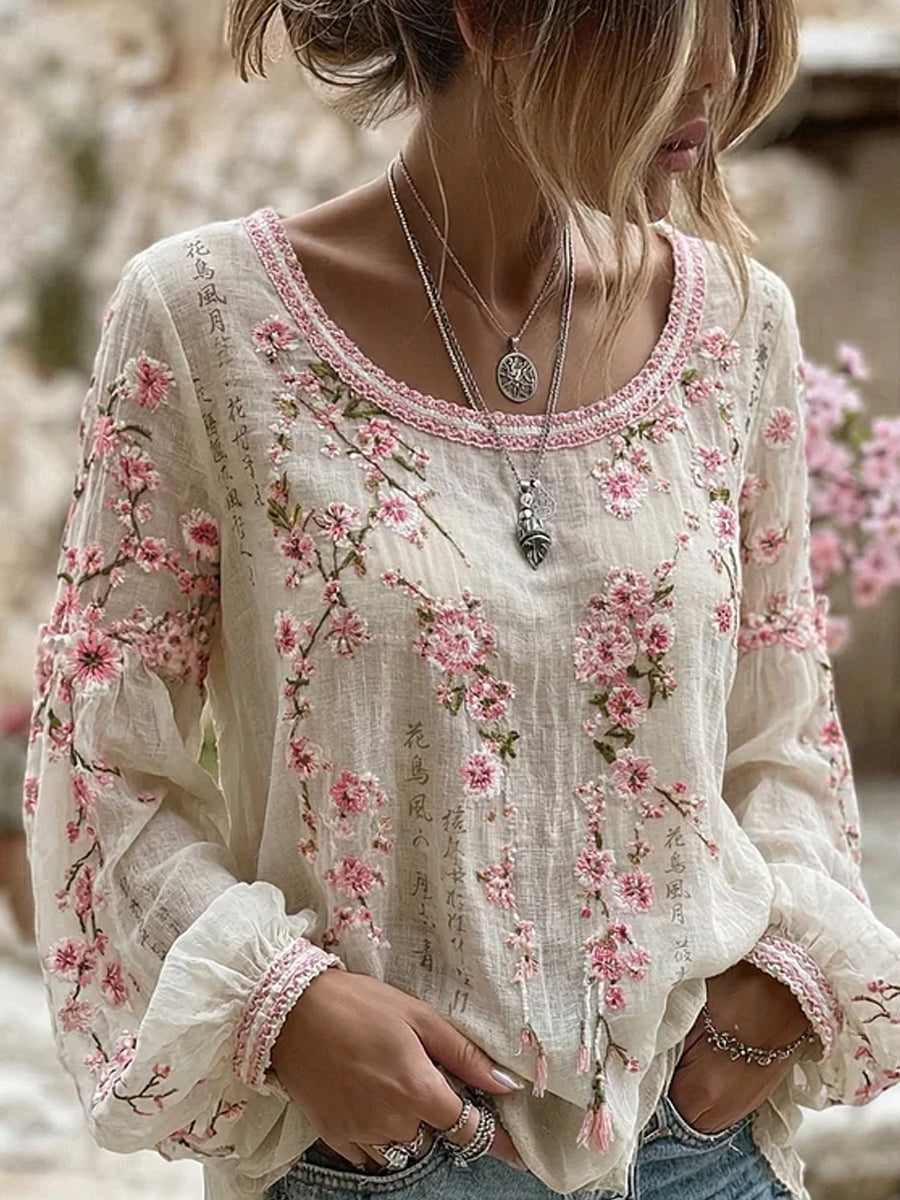 Imprimé d'art floral rétro, haut décontracté en coton-lin