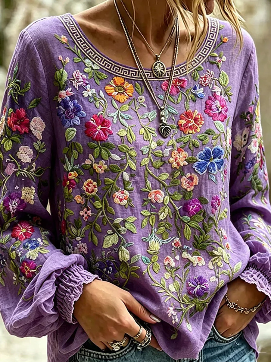 Imprimé d'art floral rétro, haut décontracté en coton-lin