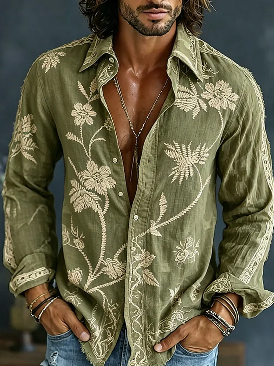 Chemise décontractée en coton-lin avec impression artistique brodée style rétro