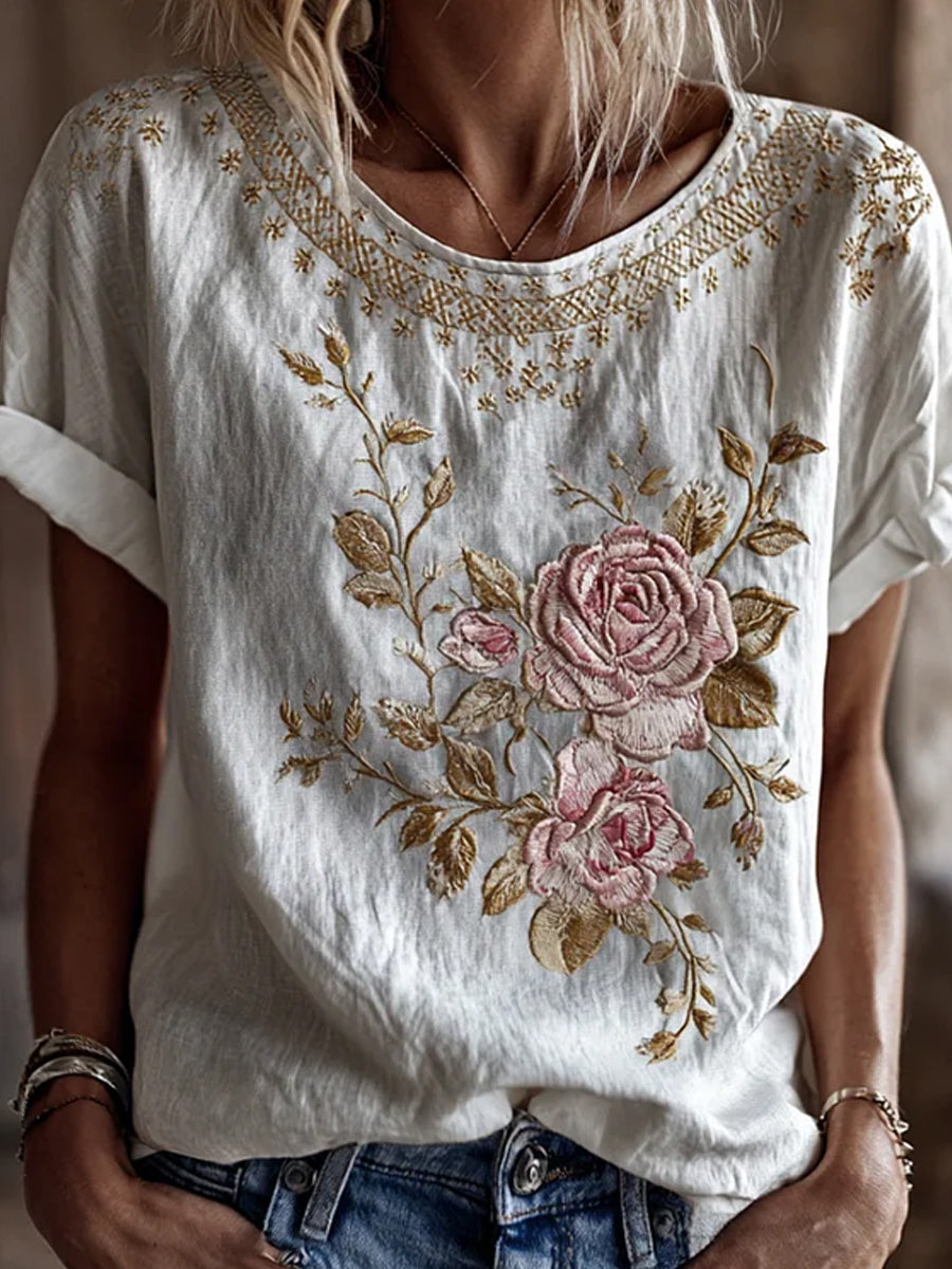 T-shirt décontracté en coton-lin avec impression d'art floral rétro