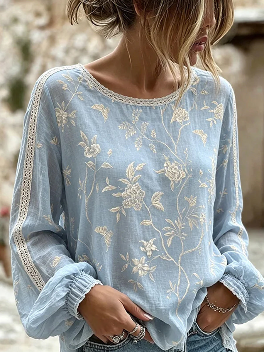 Haut décontracté en coton-lin pour femme, imprimé floral vintage