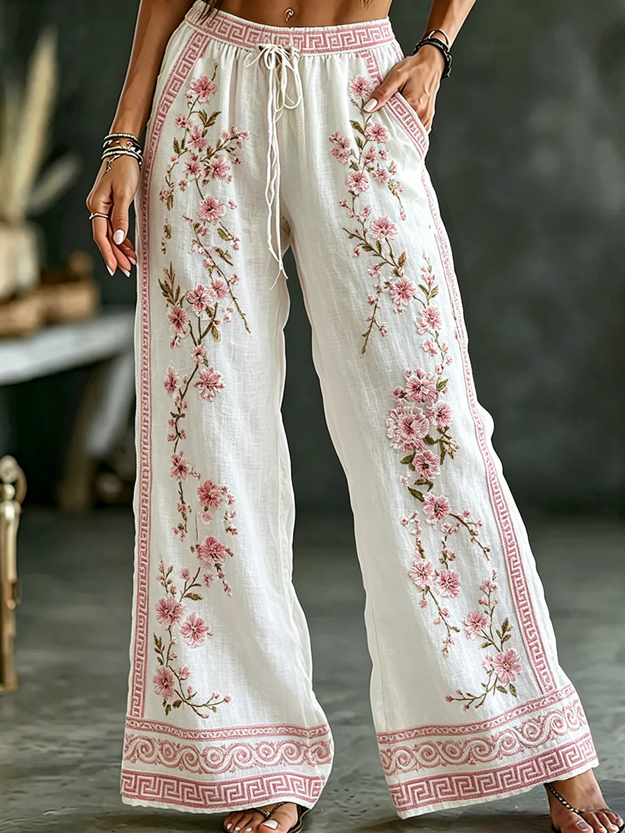 Pantalon décontracté en coton-lin à imprimé floral vintage pour femme