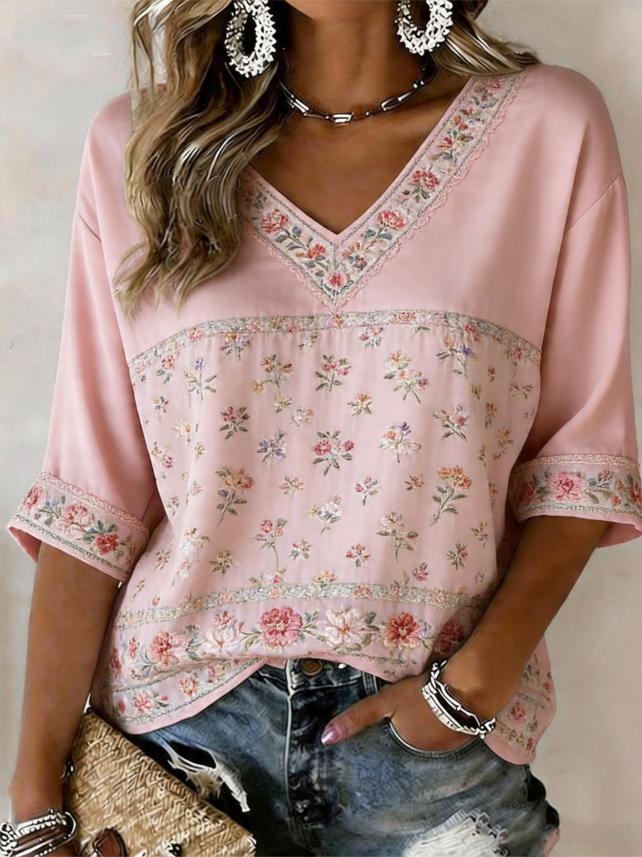 T-shirt pour femme à manches mi-longues, col en V, imprimé floral rose