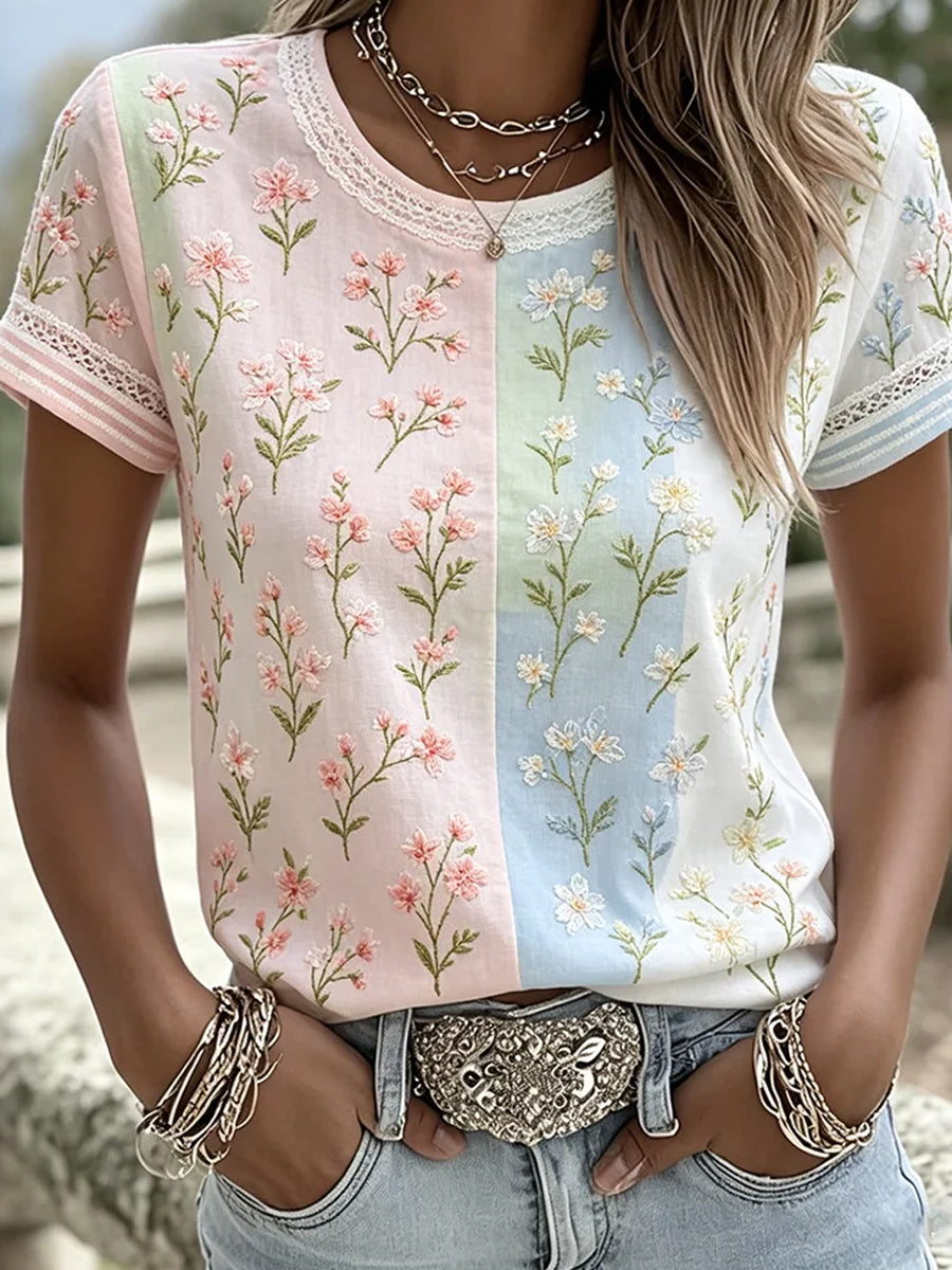 Haut décontracté vintage pour femmes avec imprimé floral artistique