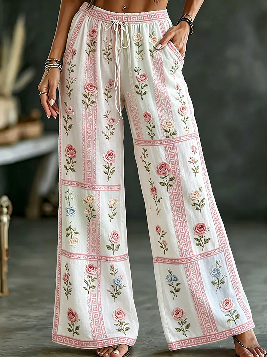 Pantalon décontracté en coton-lin pour femmes, style vintage, imprimé floral artistique