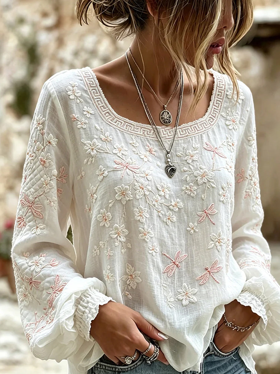 Haut décontracté en coton-lin pour femme, imprimé floral vintage