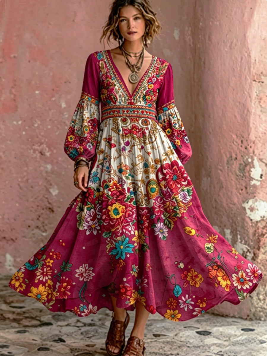 Bohème Floral Broderie Art V-cou élégant Chic lâche manches longues Maxi Dress