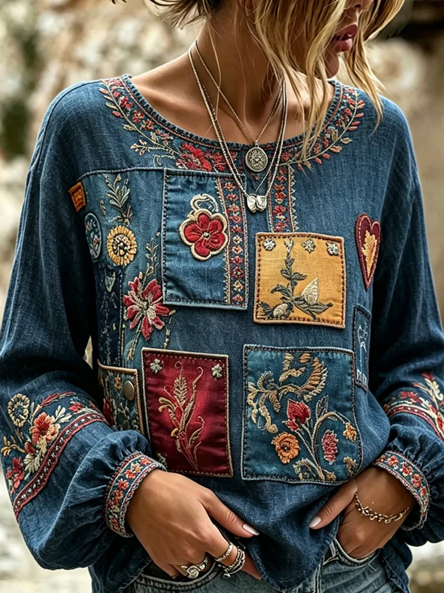 Haut décontracté en coton-lin pour femme, imprimé floral vintage