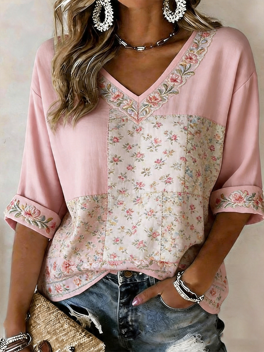 T-shirt rose en lin à manches courtes pour femmes, imprimé floral