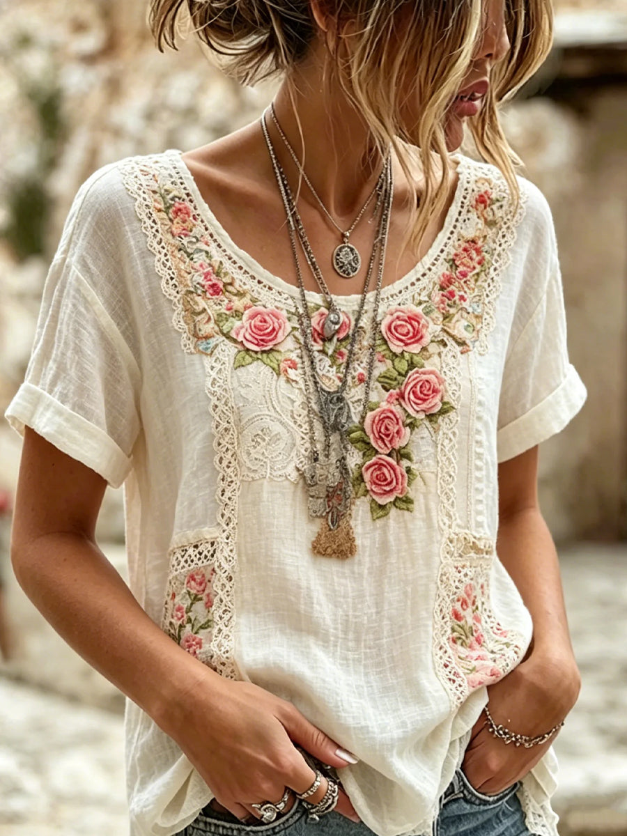 Haut décontracté vintage pour femmes avec imprimé floral artistique