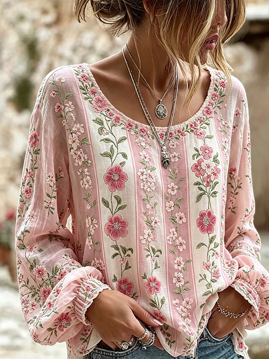 Haut décontracté en coton-lin pour femme, imprimé floral vintage