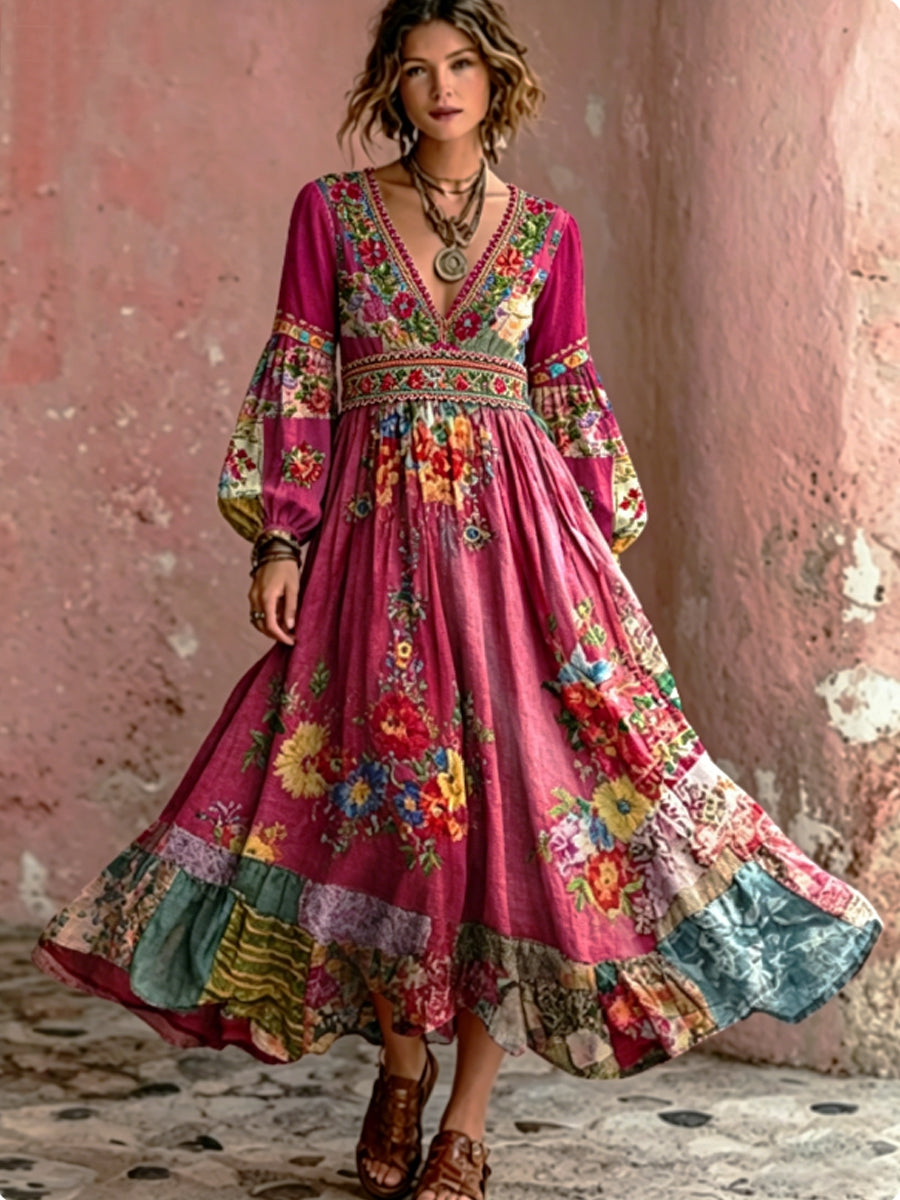 Robe maxi bohème pour femme, broderie florale artistique, col en V, élégante et chic, ample, à manches longues