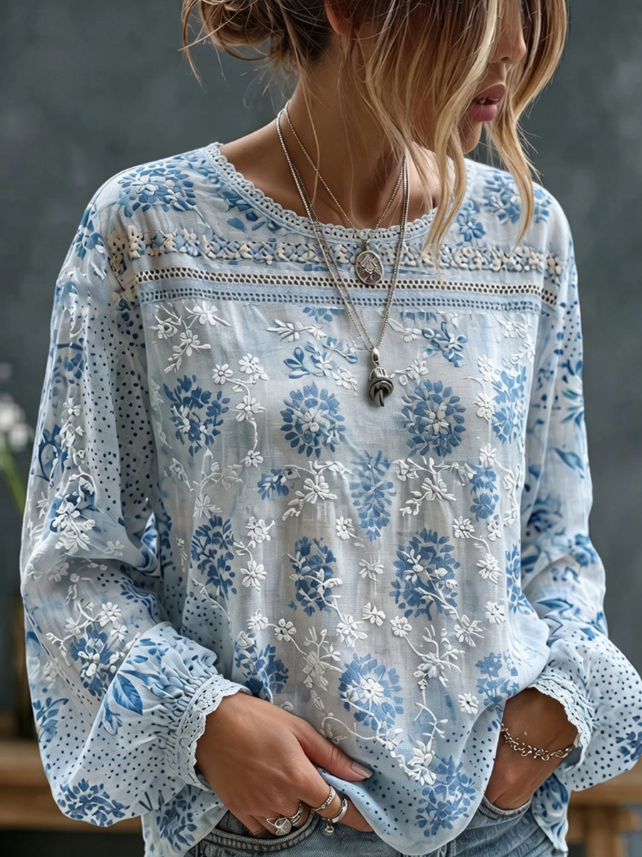 Haut décontracté en coton-lin pour femme, imprimé floral vintage