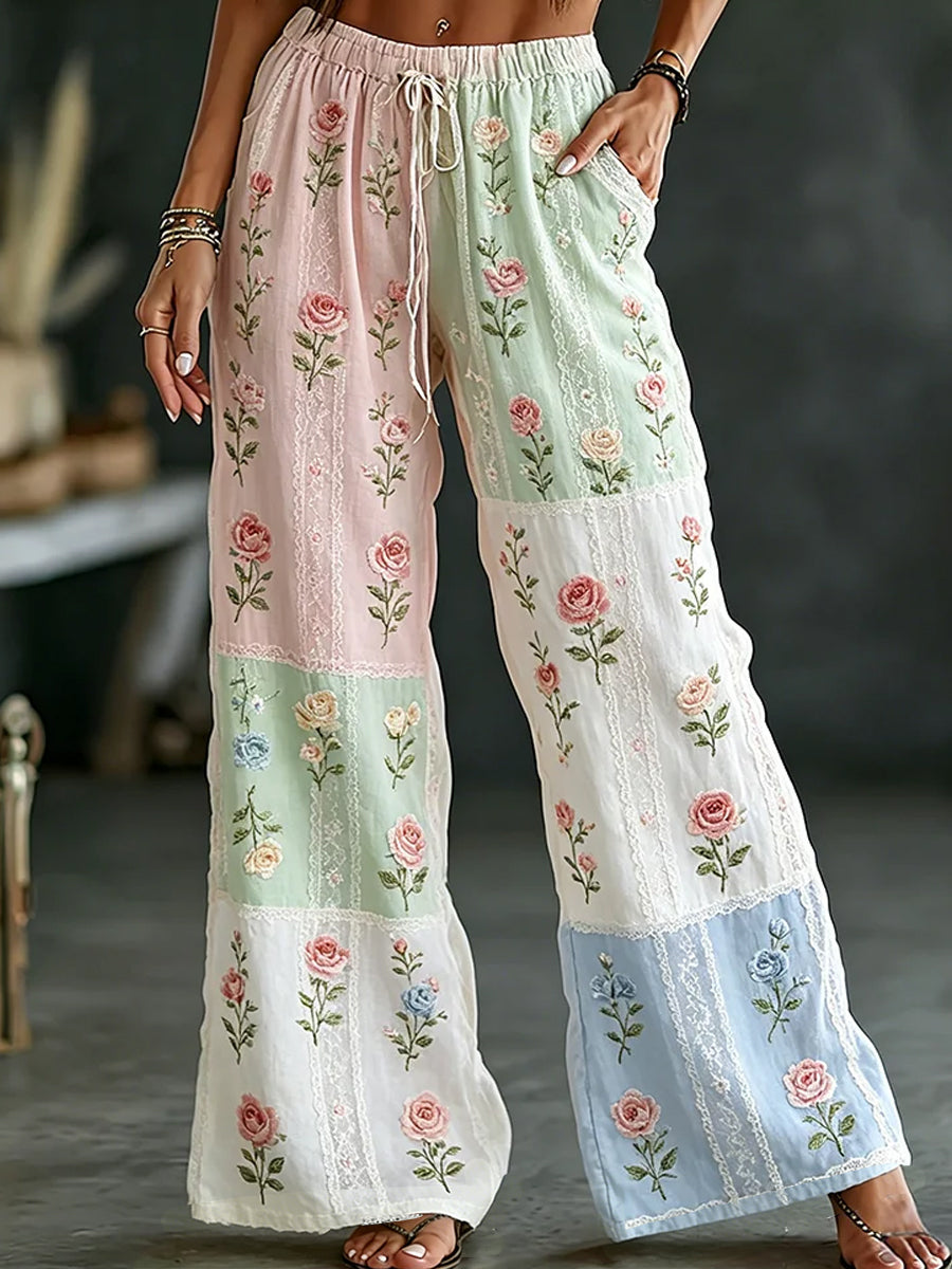 Pantalon décontracté en coton-lin pour femmes, style vintage, imprimé floral artistique