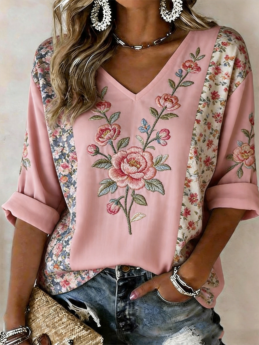 T-shirt rose en lin à manches courtes pour femmes, imprimé floral