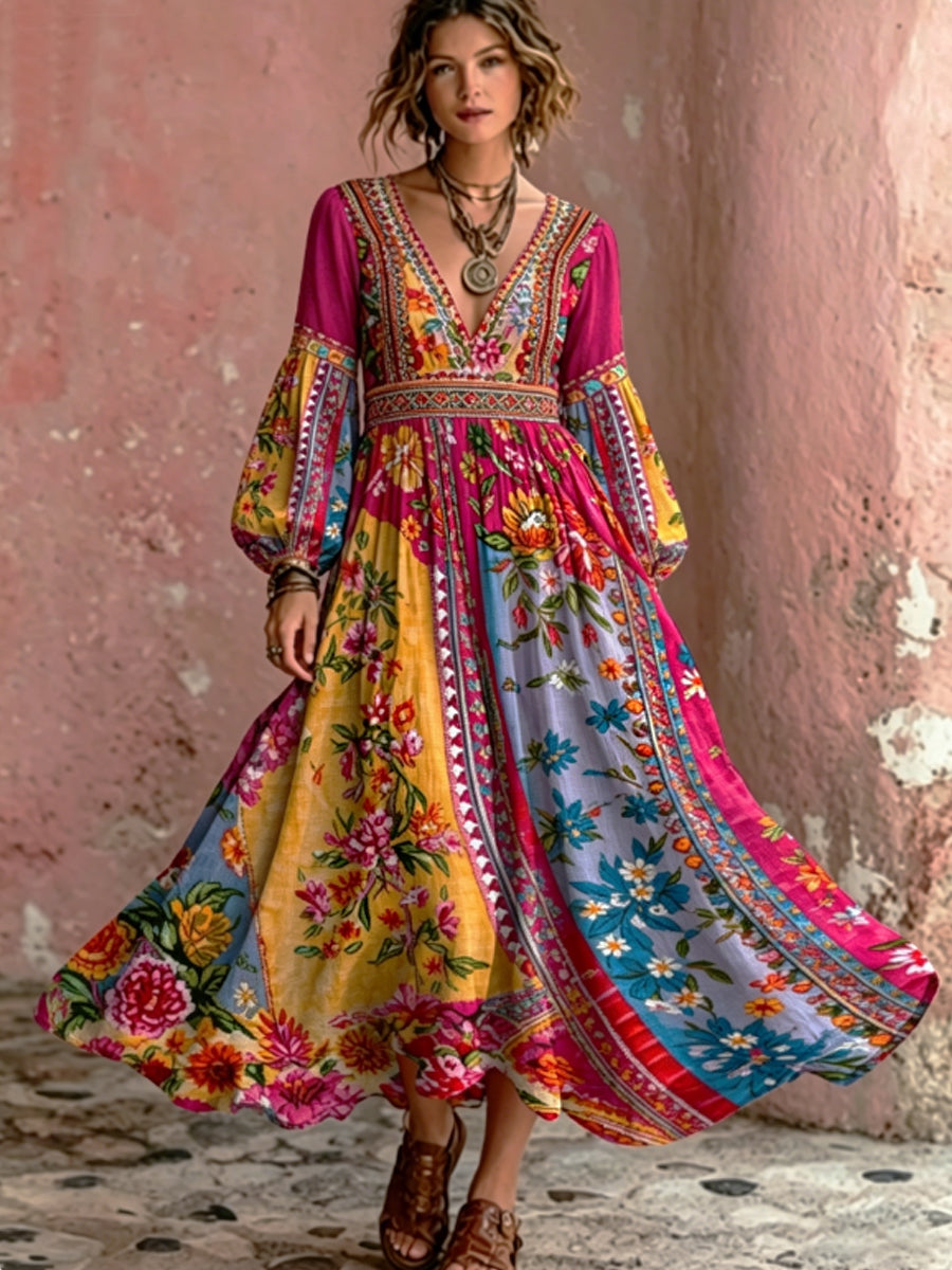 Robe maxi bohème pour femme, broderie florale artistique, col en V, élégante et chic, ample, à manches longues