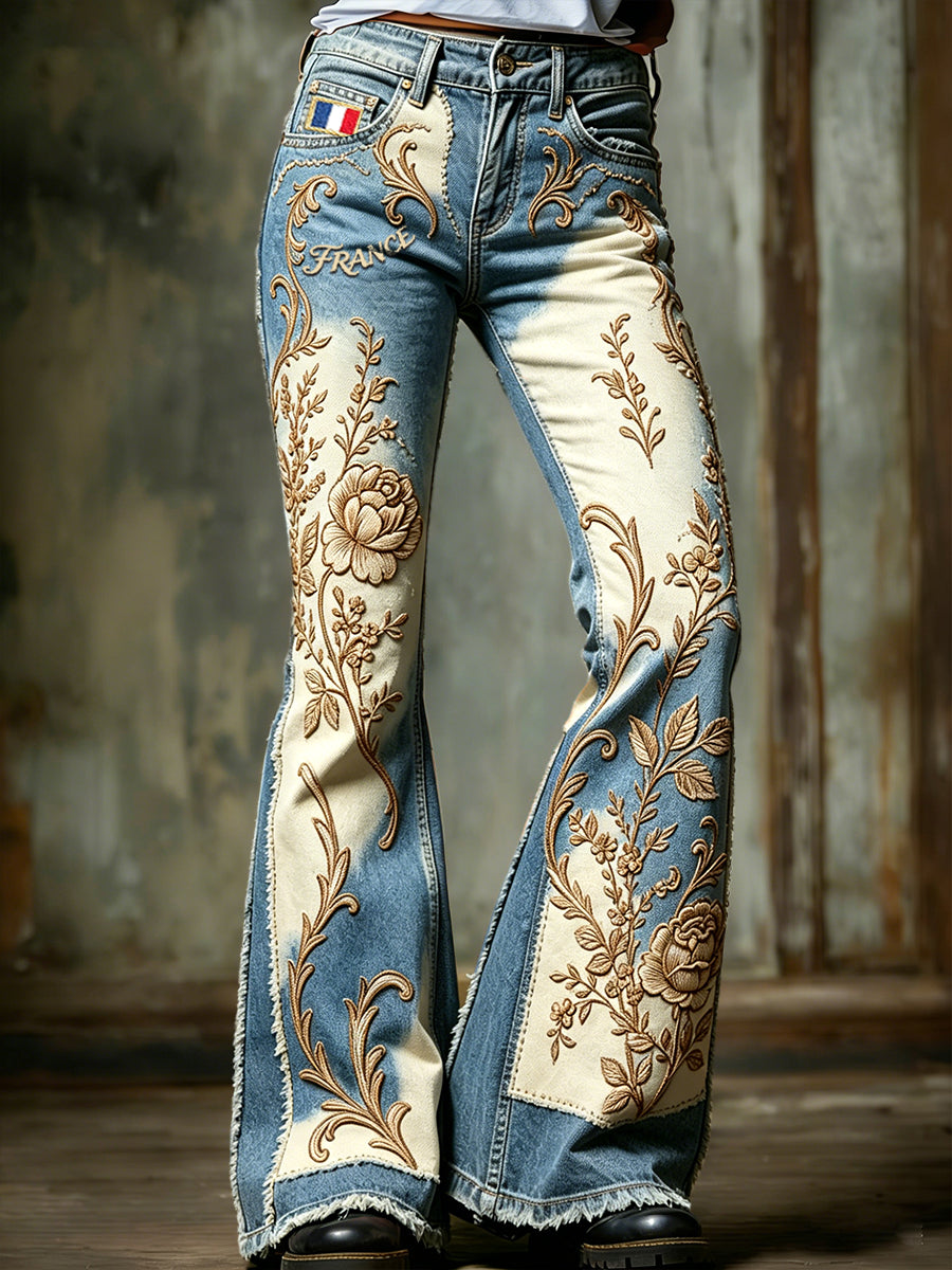 Pantalon décontracté évasé pour femme, style vintage français, imprimé patchwork floral