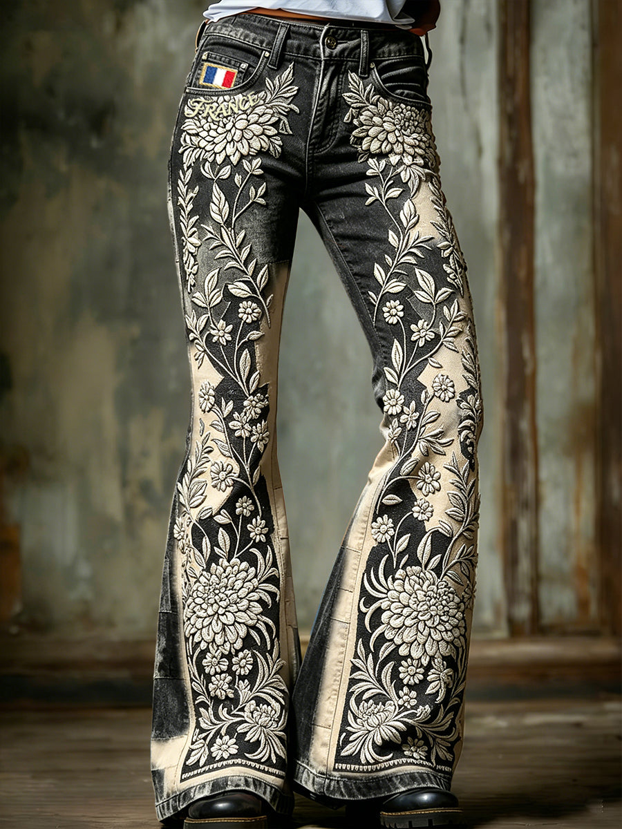 Pantalon évasé décontracté et tendance pour femme, style vintage, imprimé floral français