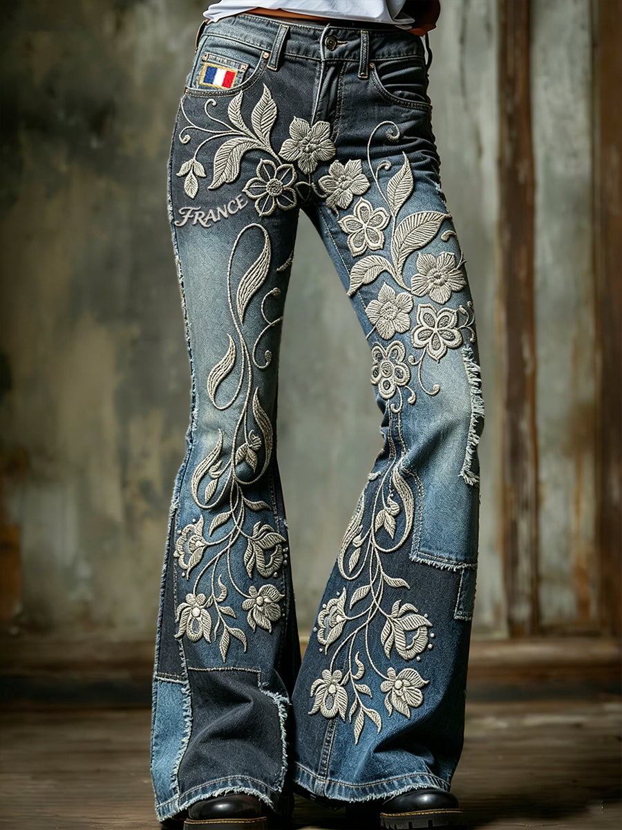 Pantalon évasé à la mode pour femme, style rétro français, imprimé floral dégradé