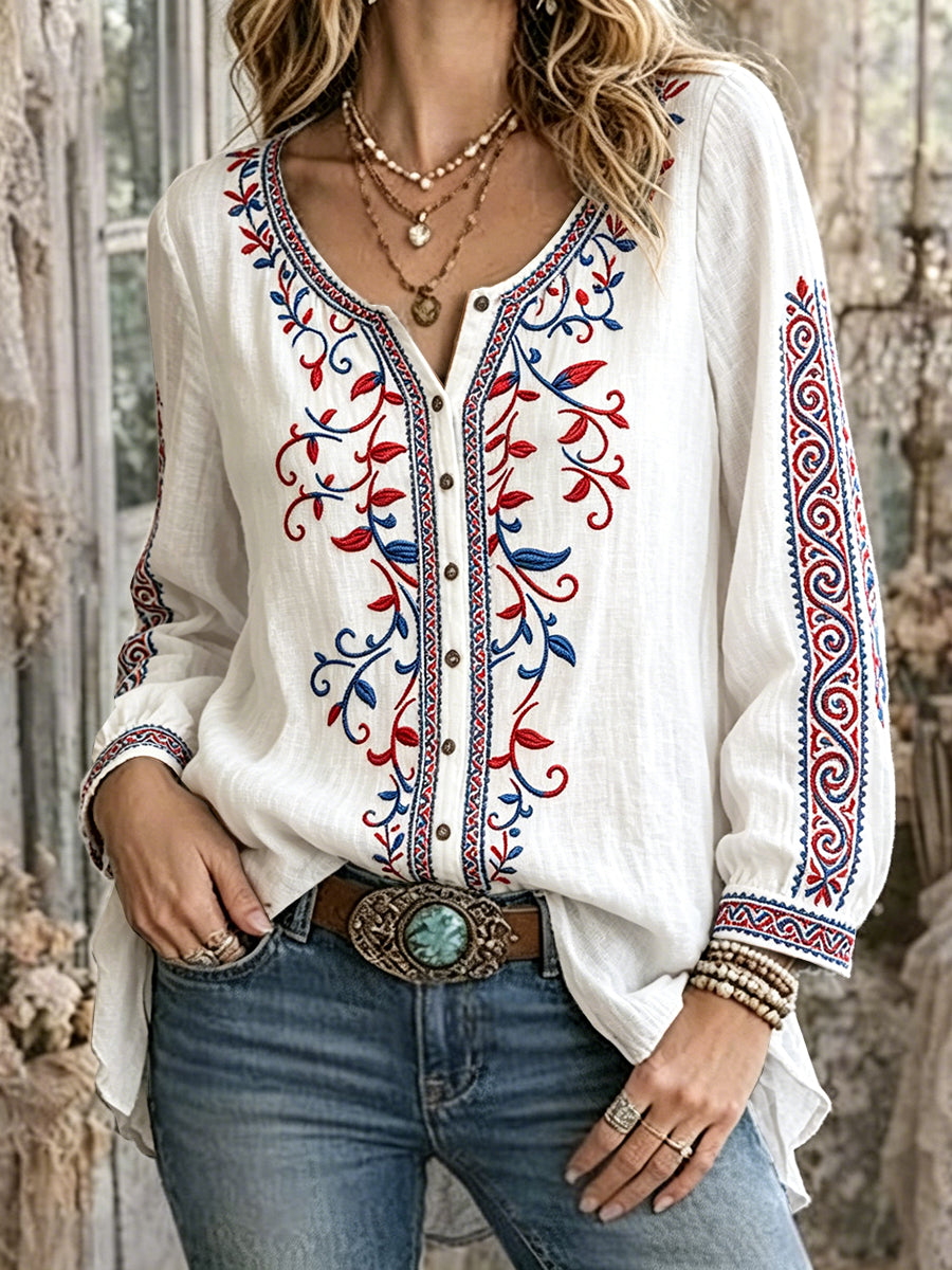 Chemise décontractée pour femme, style vintage français, imprimé branche d'olivier, manches longues, en coton-lin