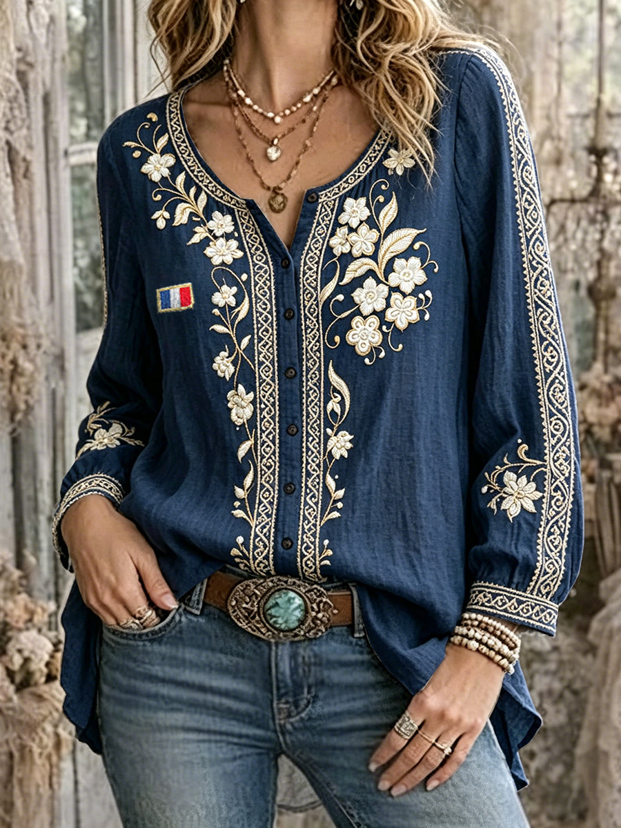 Chemise décontractée vintage pour femme, bleu marine, imprimé floral français, manches longues, en coton-lin