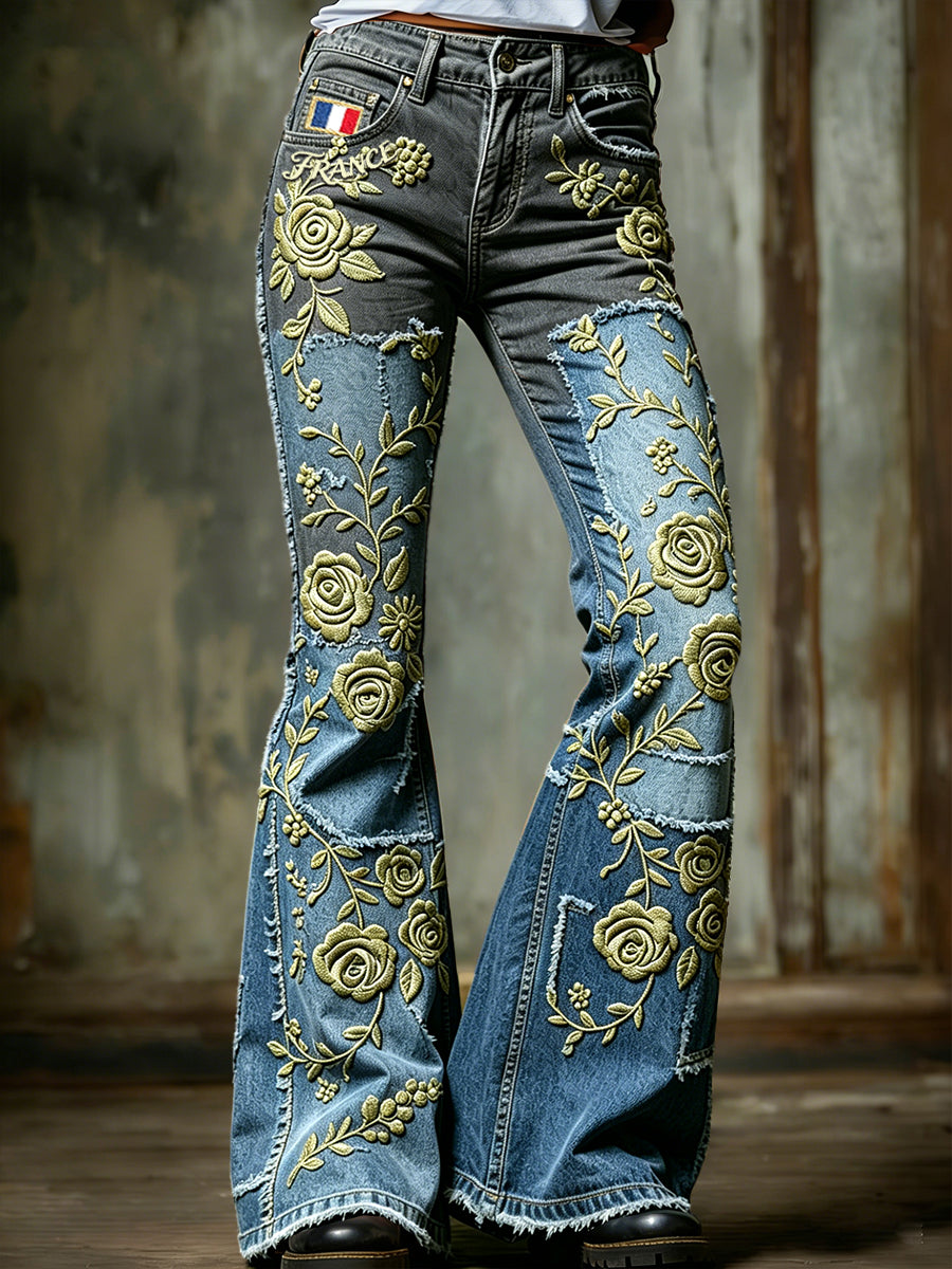 Pantalon évasé pour femme, style rétro français, en jean patchwork à imprimé floral, tendance mode