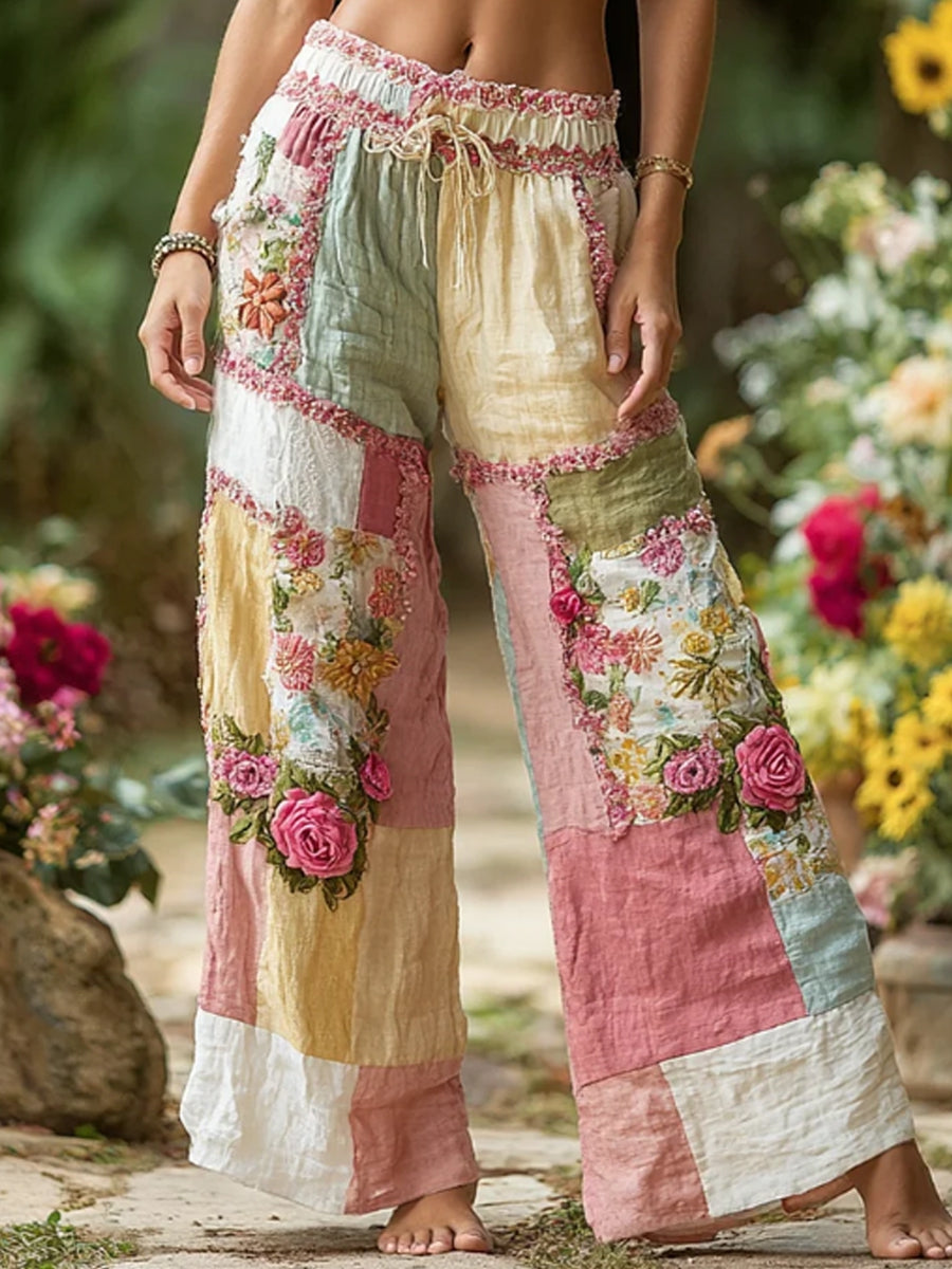 Les femmes Bohème Floral Broderie Art Contraste Couleur Lin Mélange Pantalon Décontracté