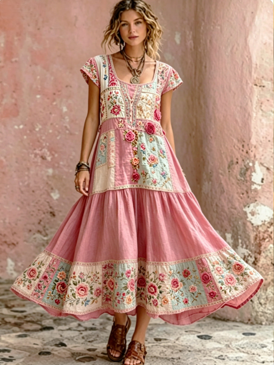 Bohème Floral Broderie Art Col Rond Manches Courtes Maxi Dress Femme