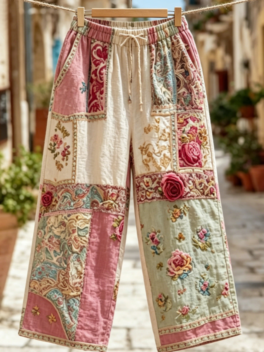 Pantalon décontracté pour femme, style bohème, en mélange de lin, avec broderie florale et contraste de couleurs
