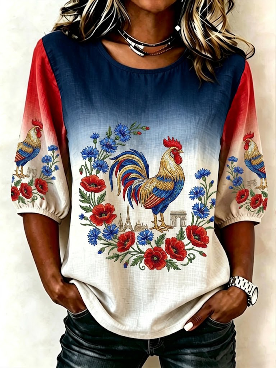 T-shirt femme France Coq Gaulois en lin à manches courtes