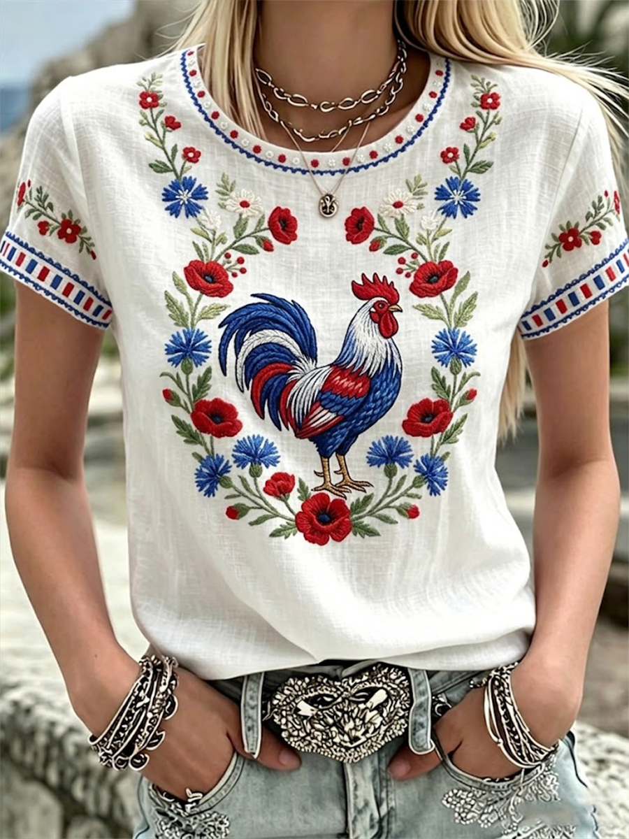 T-shirt femme France Coq Gaulois en lin à manches courtes