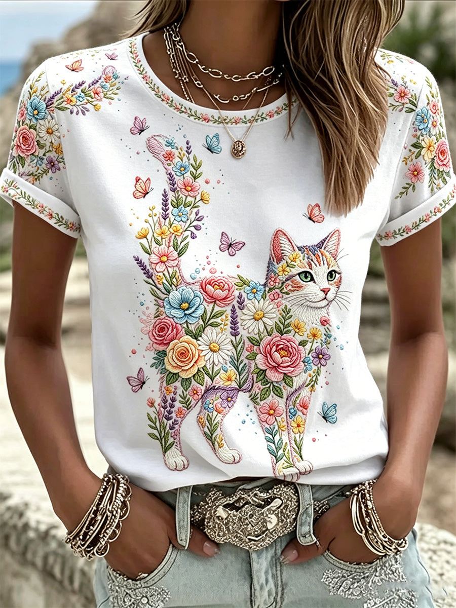 T-shirt décontracté pour femmes avec imprimé fleurs et chats