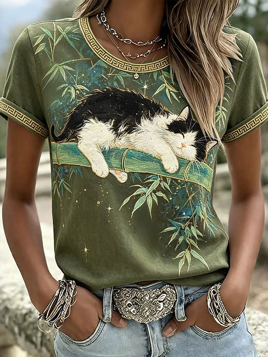 T-shirt décontracté pour femme avec broderie et imprimé de chats et d’animaux