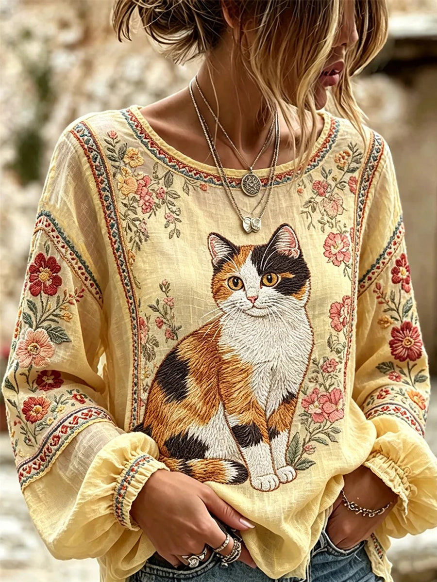 Chemise pour femmes avec broderie et imprimé chat