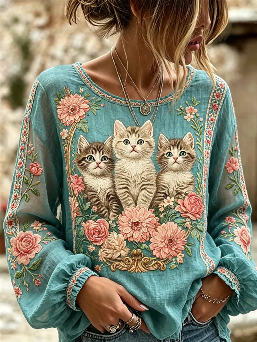 Chemise pour femmes avec broderie et imprimé chat