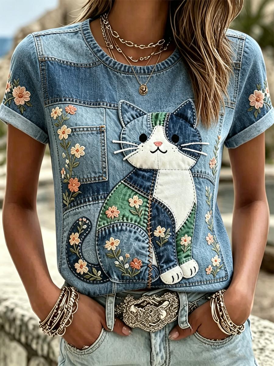 T-shirt à manches courtes pour femmes avec imprimé chat