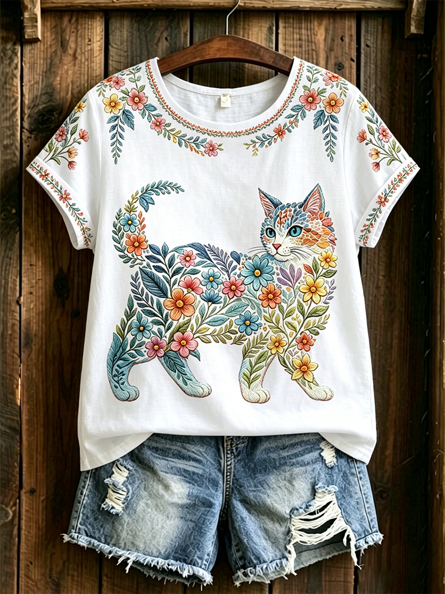 T-shirt décontracté pour femmes avec imprimé fleurs et chats